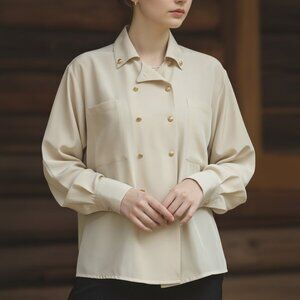 Vintage 70s pirate cream button-up shirt with pointy collar and gold buttons